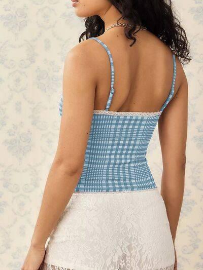 Lace Detail Plaid Square Neck Cami - Clothes For Her Online Store