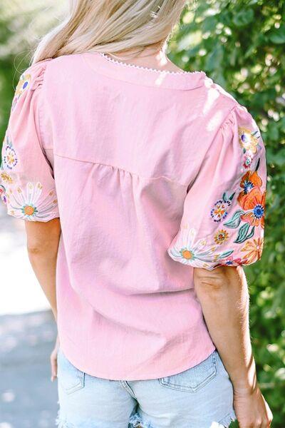 Floral Embroidered Puff Sleeve Blouse - Clothes For Her Online Store