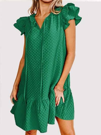 Ruffled Tie Neck Cap Sleeve Dress - Clothes For Her Online Store