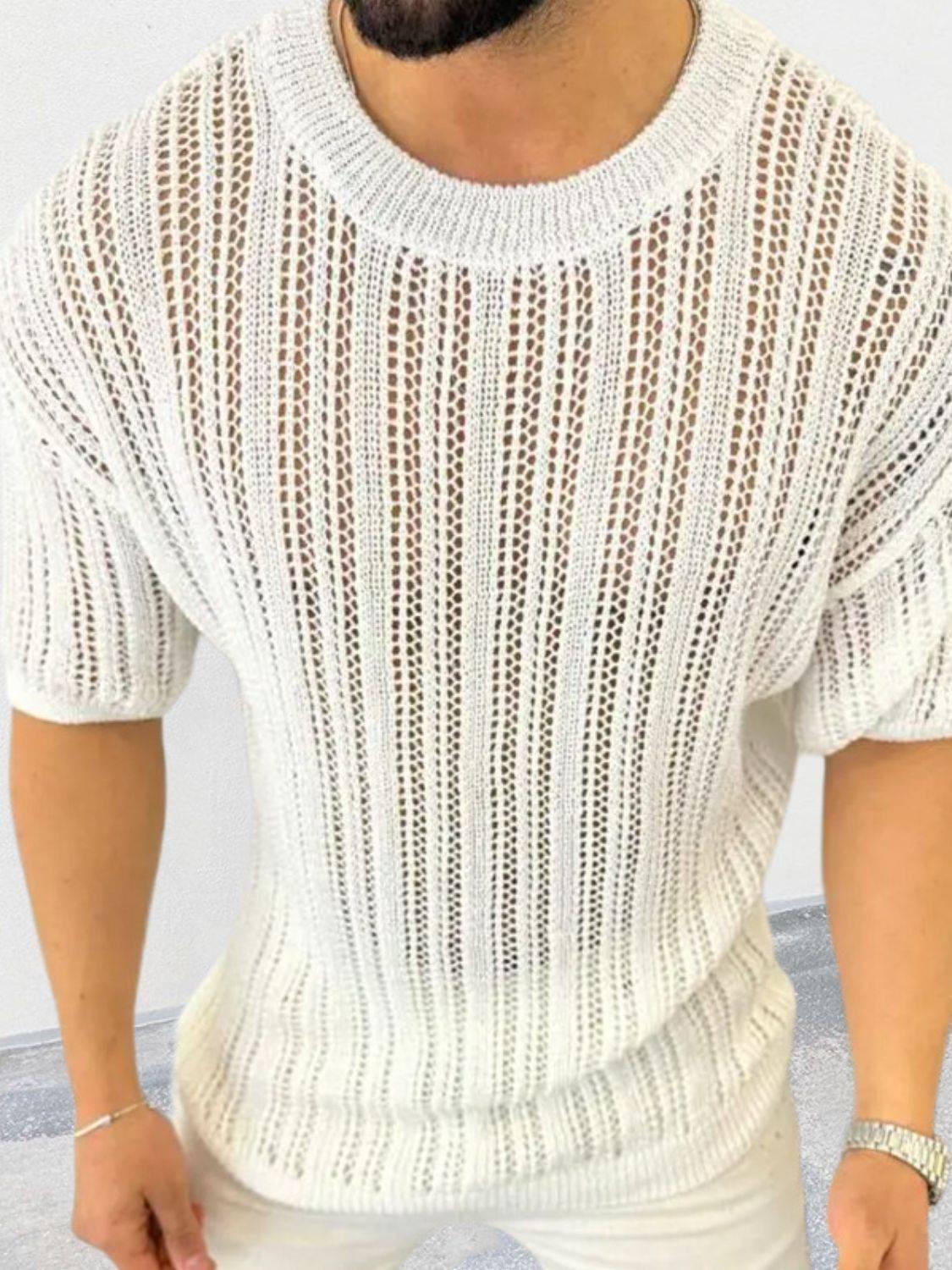 Men's Openwork Round Neck Knit T-Shirt - Clothes For Her Online Store