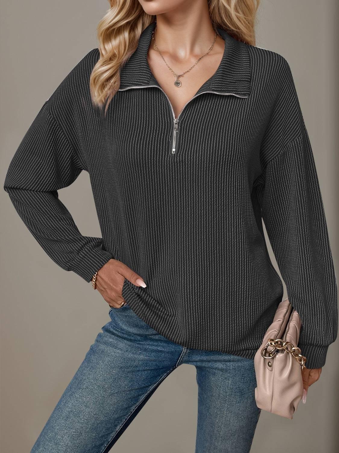 Double Take Striped Half Zip Long Sleeve T-Shirt - Clothes For Her Online Store