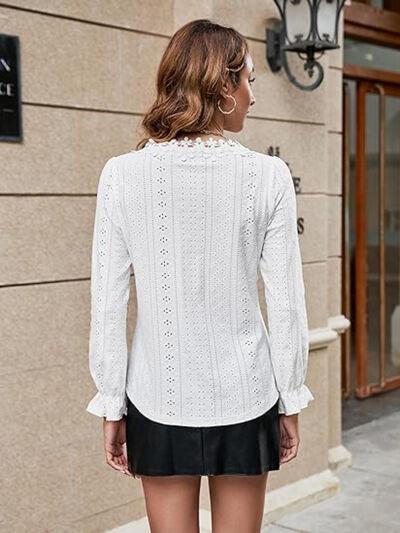 Lace Detail Eyelet V-Neck Flounce Sleeve Blouse - Clothes For Her Online Store
