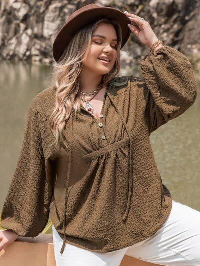 Plus Size Tie Neck Long Sleeve Blouse - Clothes For Her Online Store