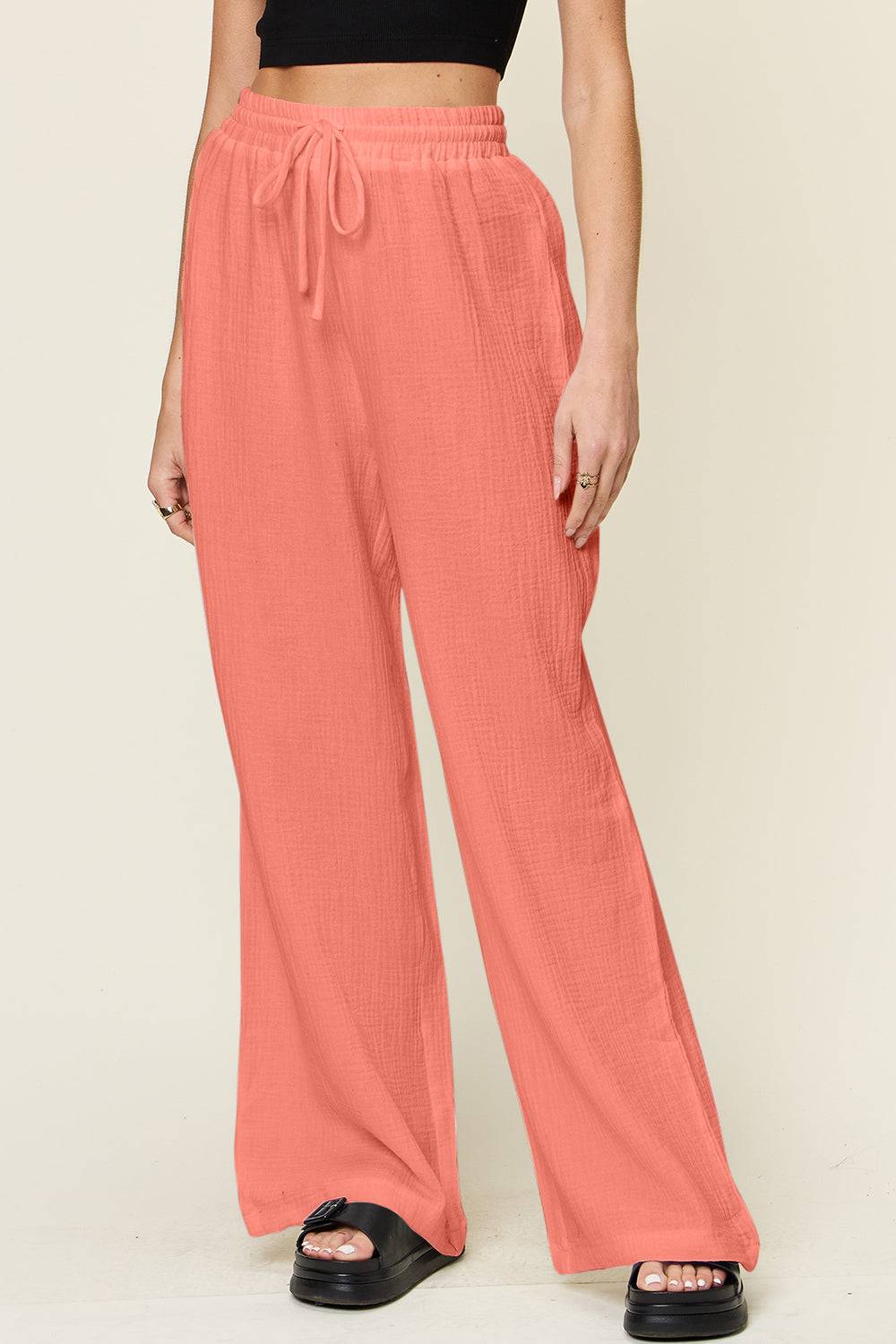 Double Take Full Size Texture Drawstring Wide Leg Pants - Clothes For Her Online Store