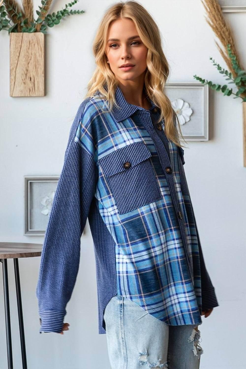 Oh Plaid Button Up Long Sleeve Shacket with Breast Pockets - Clothes For Her Online Store