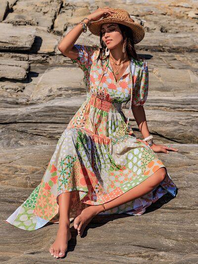 Printed Smocked Waist Short Sleeve Maxi Dress - Clothes For Her Online Store