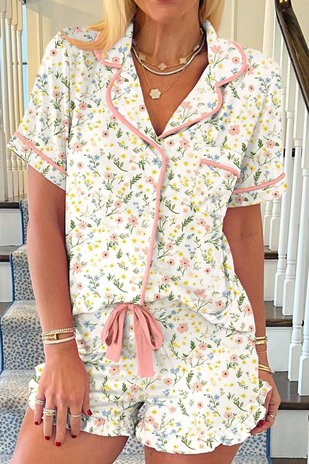 Printed Button Up Short Sleeve Top and Shorts Lounge Set - Clothes For Her Online Store