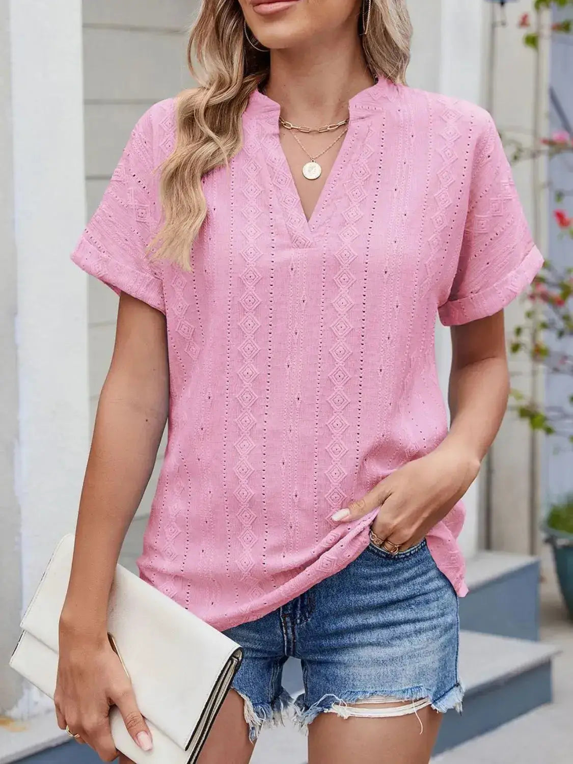 Eyelet Notched Short Sleeve Top - Clothes For Her Online Store