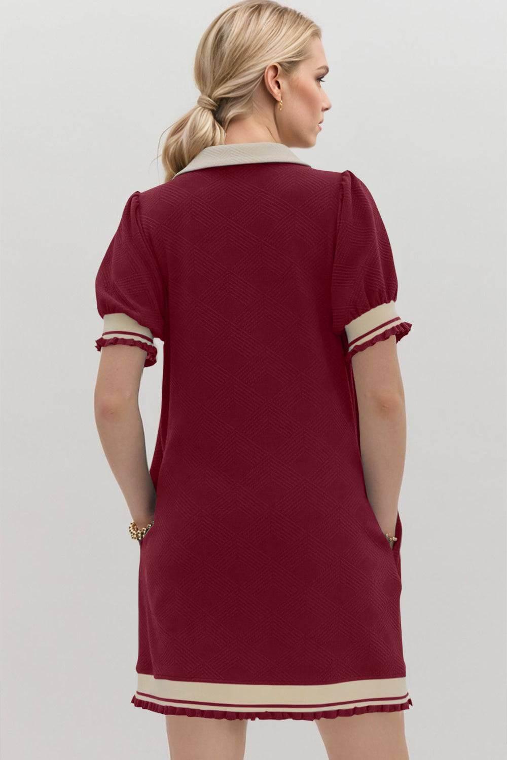Oh Frill Contrast Trim Johnny Collar Short Sleeve Mini Dress - Clothes For Her Online Store