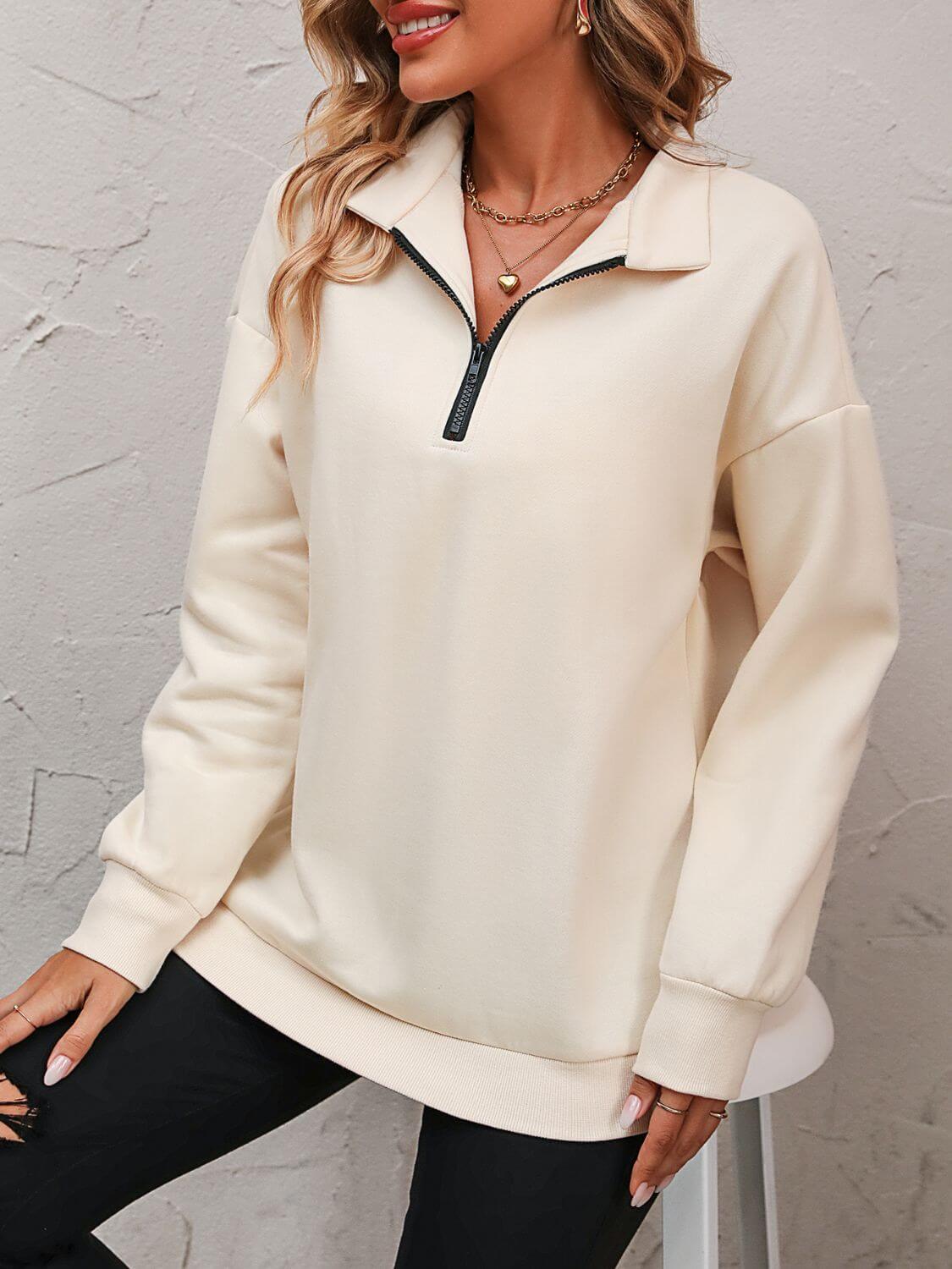 Mandy Zip-Up Dropped Shoulder Sweatshirt - Clothes For Her Online Store