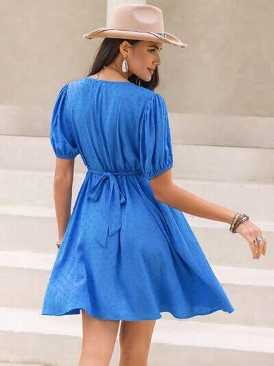 Tied Swiss Dot V-Neck Short Sleeve Dress - Clothes For Her Online Store