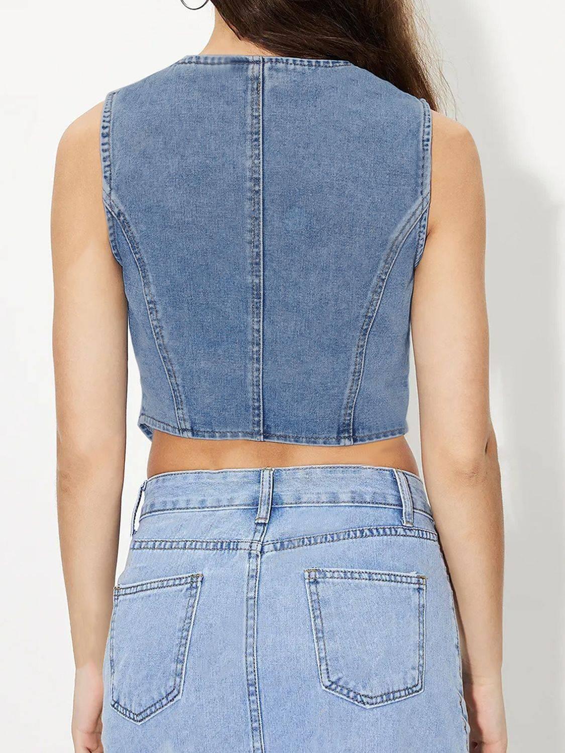 V-Neck Button Up Denim Vest - Clothes For Her Online Store