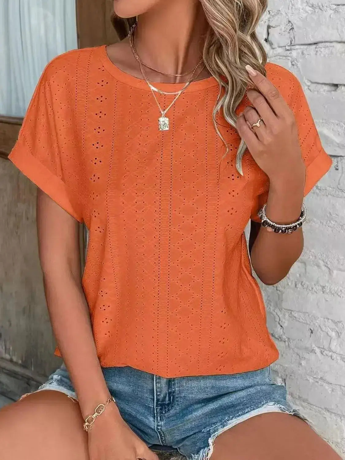 Eyelet Round Neck Short Sleeve Top - Clothes For Her Online Store