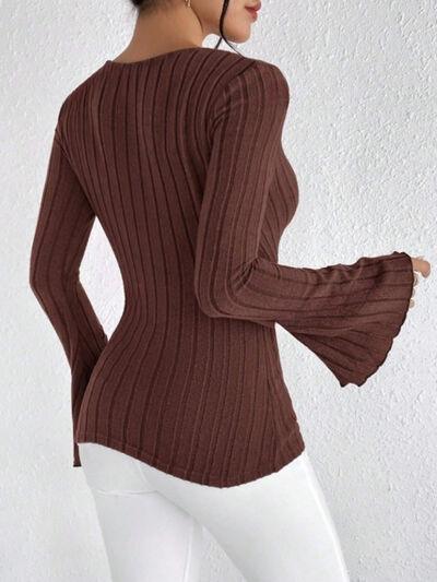 Ribbed Flare Sleeve Top - Clothes For Her Online Store