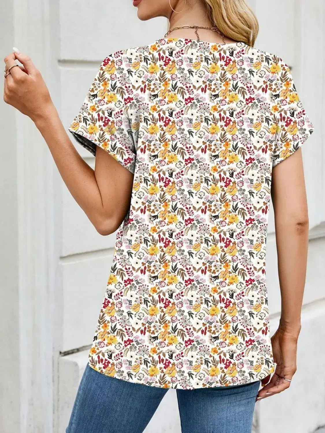 Printed Round Neck Short Sleeve Top - Clothes For Her Online Store