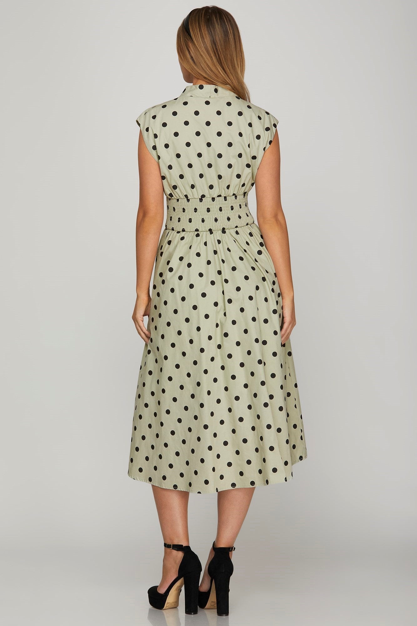She + Sky Front Zip Polka Dots Cap Sleeve Midi Dress - Clothes For Her Online Store
