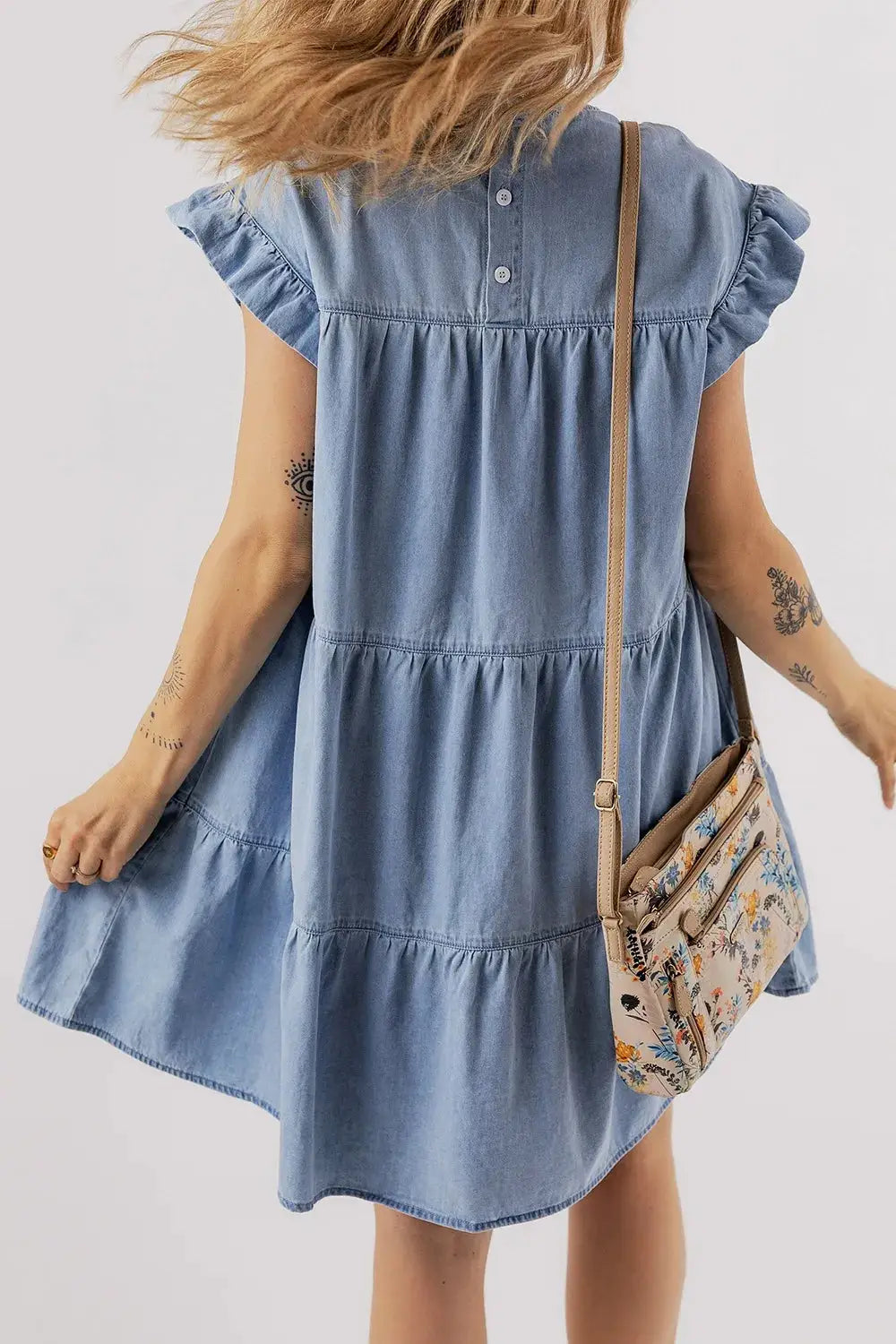 Ruffle Cap Sleeve Tiered A-line Denim Dress - Clothes For Her Online Store