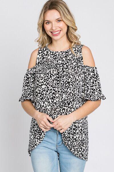 Heimish Full Size Leopard Round Neck Cold Shoulder T-Shirt Plus Size - Clothes For Her Online Store