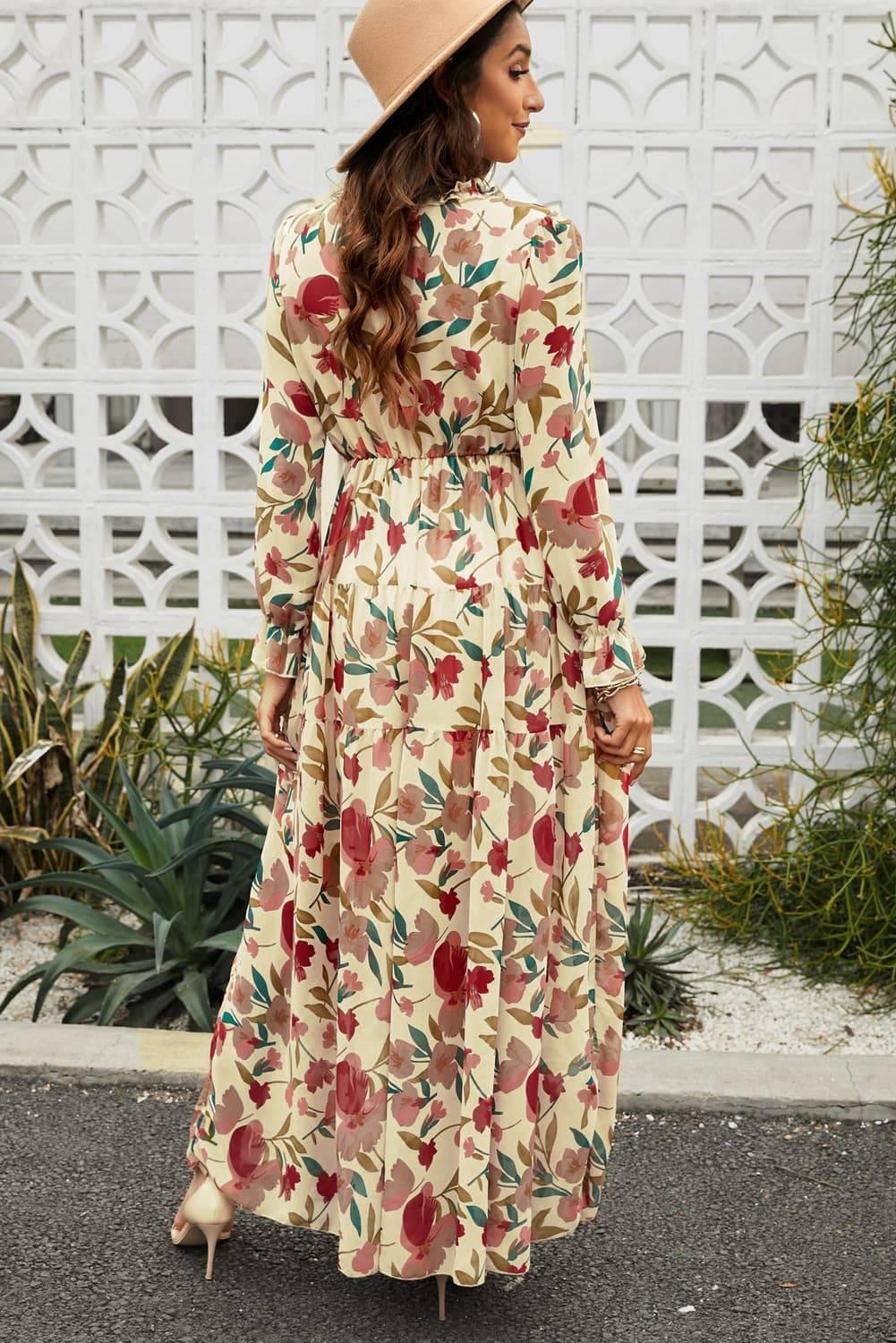 Floral Frill Trim Flounce Sleeve Plunge Maxi Dress - Clothes For Her Online Store