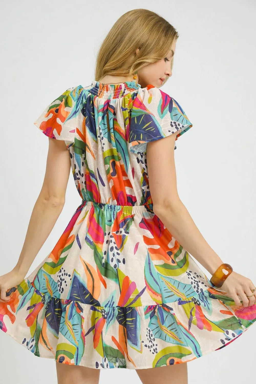 Umgee Printed Tie Neck Ruffled Hem Dress
