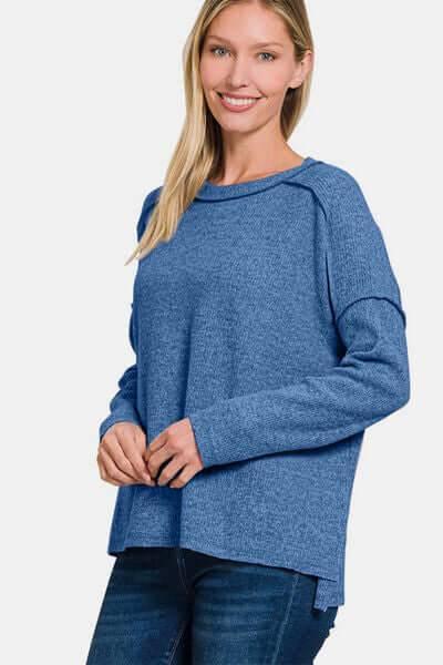 Zenana Full Size Exposed Seam Brushed Round Neck Sweater - Clothes For Her Online Store