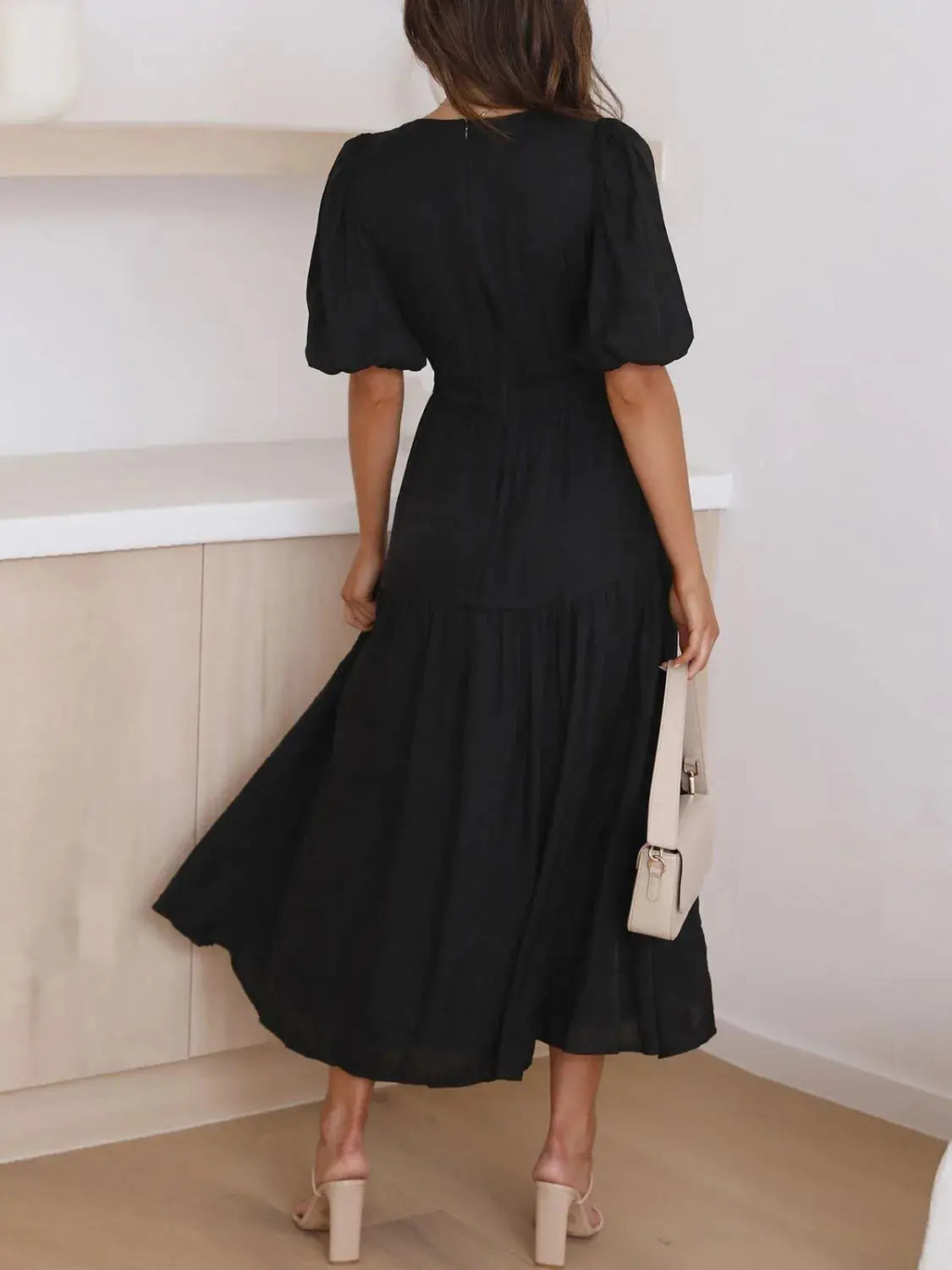 V-Neck Puff Sleeve Midi Dress - Clothes For Her Online Store