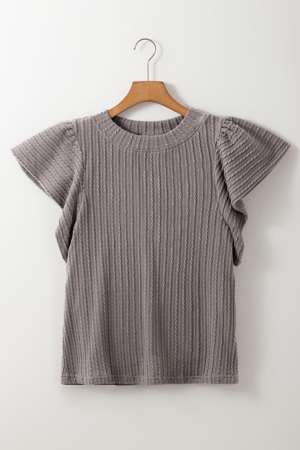 Textured Round Neck Flounce Sleeve Blouse - Clothes For Her Online Store