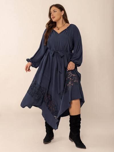 Plus Size Lace Detail Tie Neck Long Sleeve Midi Dress - Clothes For Her Online Store