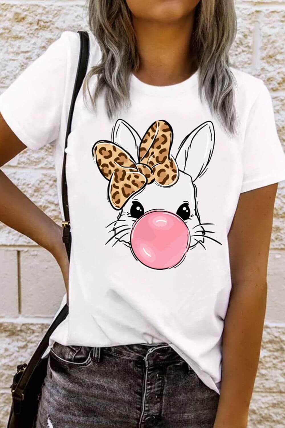 Leopard Bow Rabbit Graphic Round Neck Short Sleeve T-Shirt - Clothes For Her Online Store