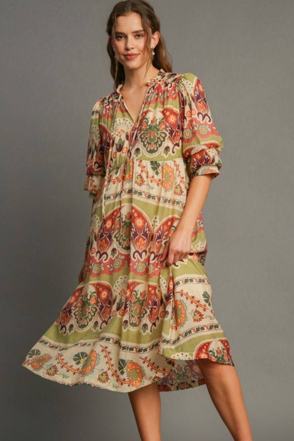 Umgee Full Size Tiered Border Print Midi Dress Plus Size - Clothes For Her Online Store