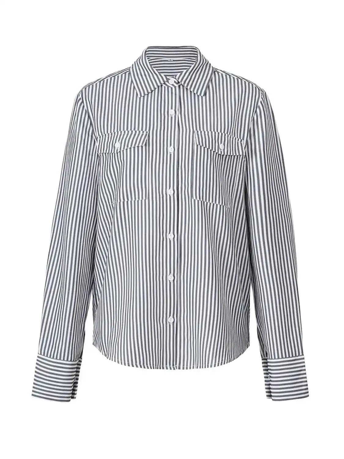 Devine Striped Collared Neck Long Sleeve Shirt - Clothes For Her Online Store