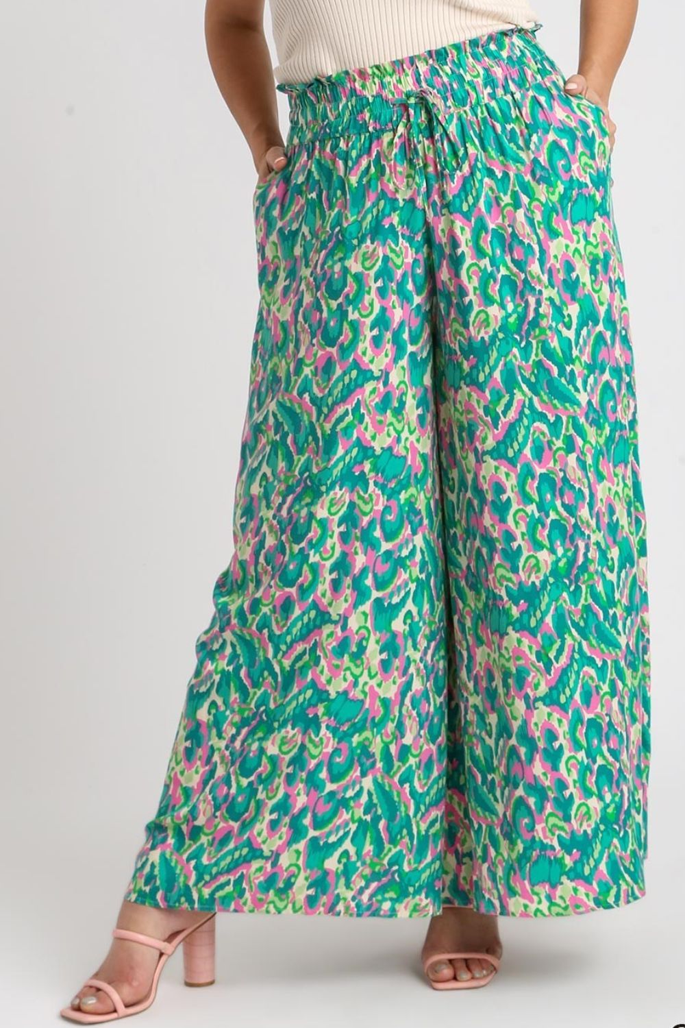 Umgee Full Size Mixed Print High Waist Wide Leg Pants Plus Size - Clothes For Her Online Store