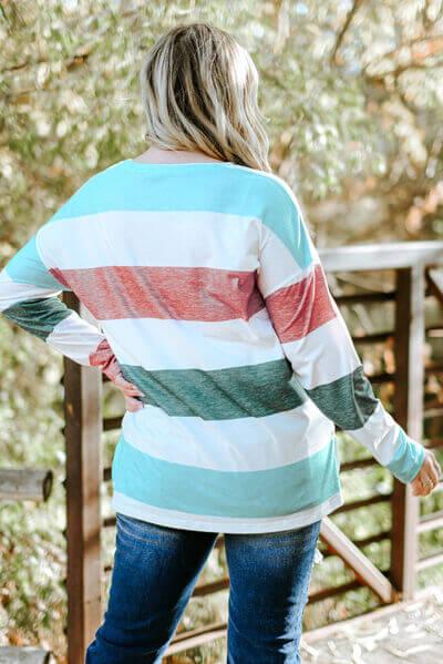 Plus Size Striped Slit Long Sleeve T-Shirt - Clothes For Her Online Store