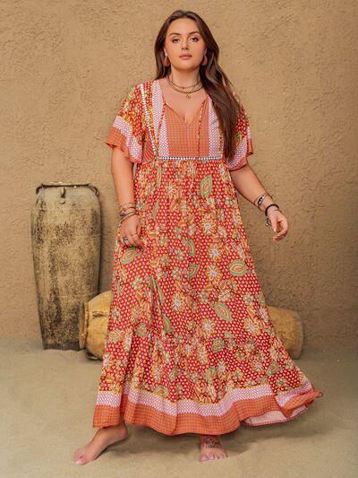Plus Size Printed Tie Neck Flutter Sleeve Maxi Dress - Clothes For Her Online Store