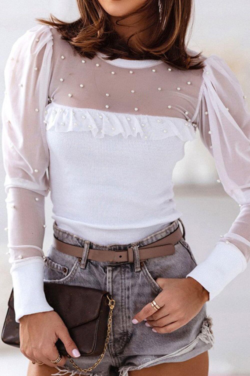 Pearl Decor Mesh Patchwork Ribbed Long Sleeve Top - Clothes For Her Online Store