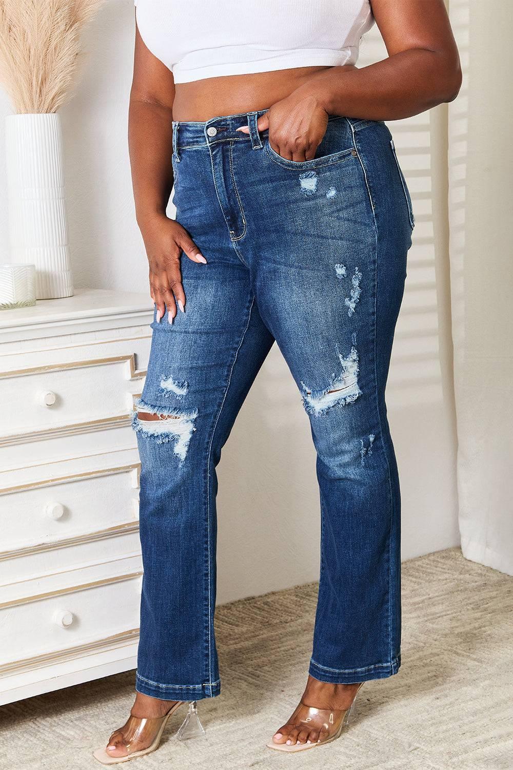 Judy Blue Full Size Mid Rise Hand Sand & Destroy Bootcut Jeans - Clothes For Her Online Store