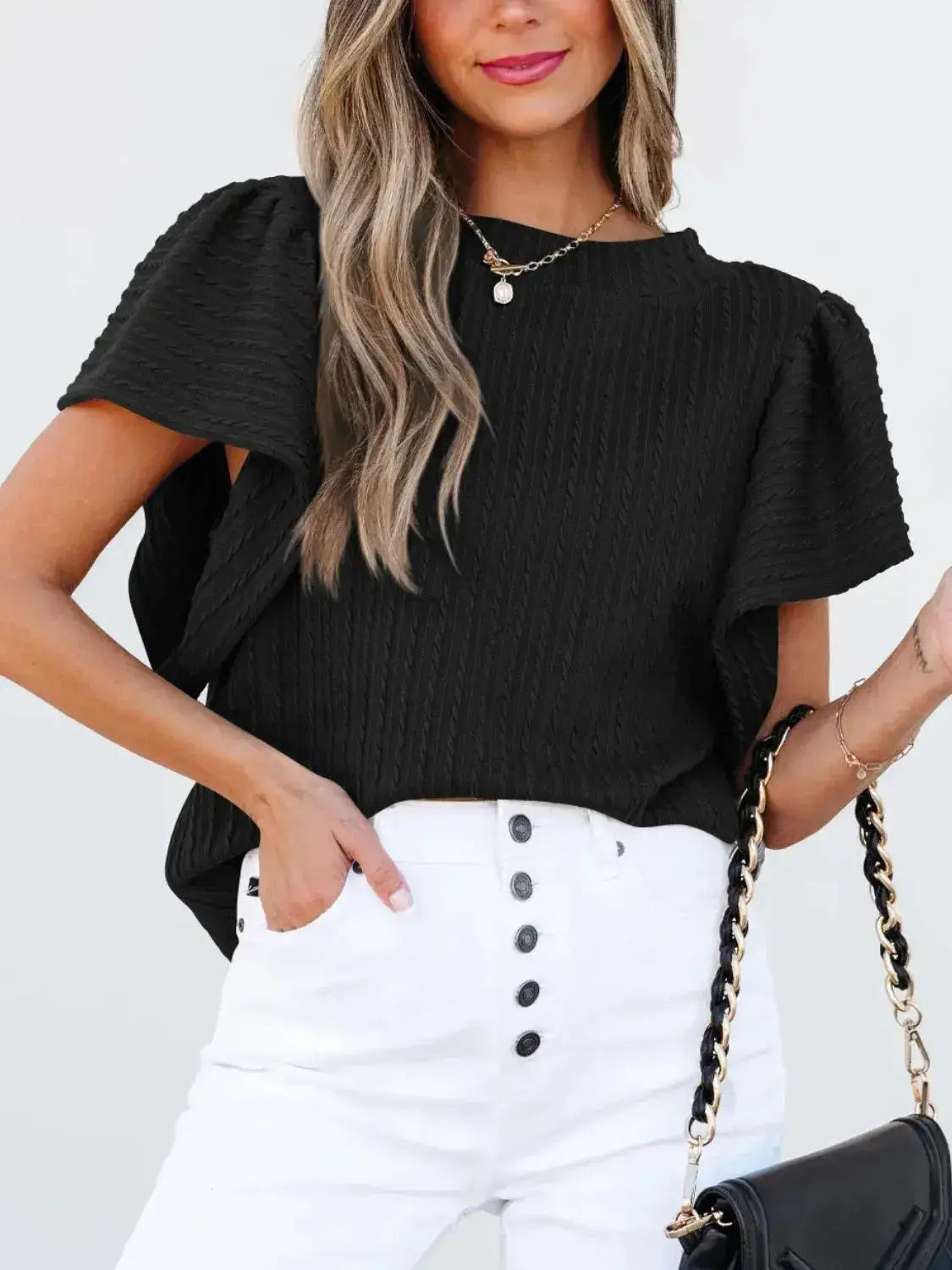 Round Neck Ruffle Sleeve Top - Clothes For Her Online Store