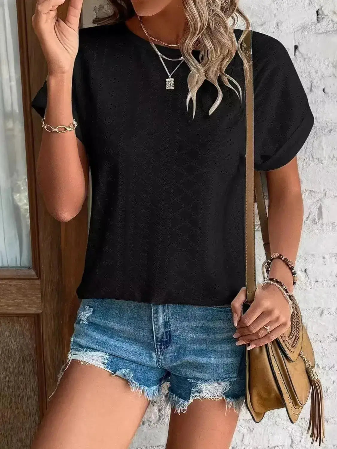 Eyelet Round Neck Short Sleeve T-Shirt - Clothes For Her Online Store