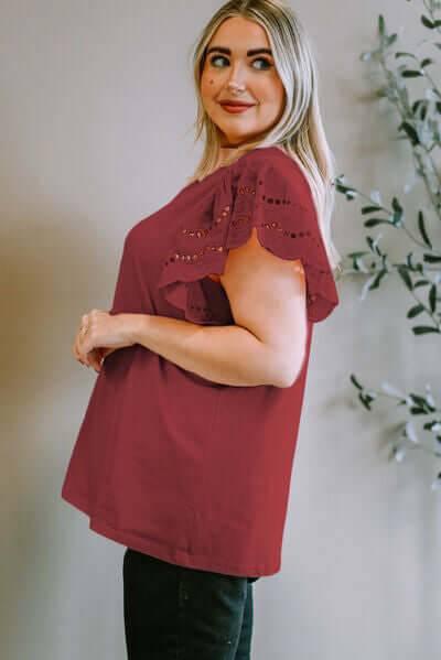 Plus Size Eyelet Round Neck Short Sleeve Blouse - Clothes For Her Online Store