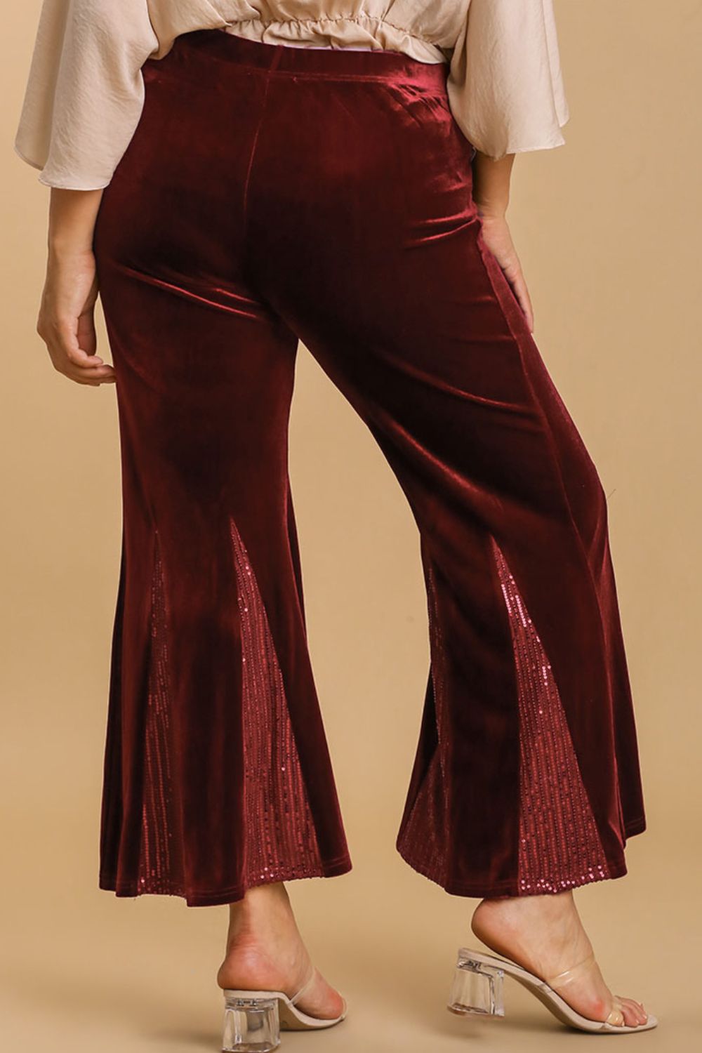 Umgee Full Size Sequin Elastic Waist Velvet Stretch Flare Leg Pants Plus Size - Clothes For Her Online Store