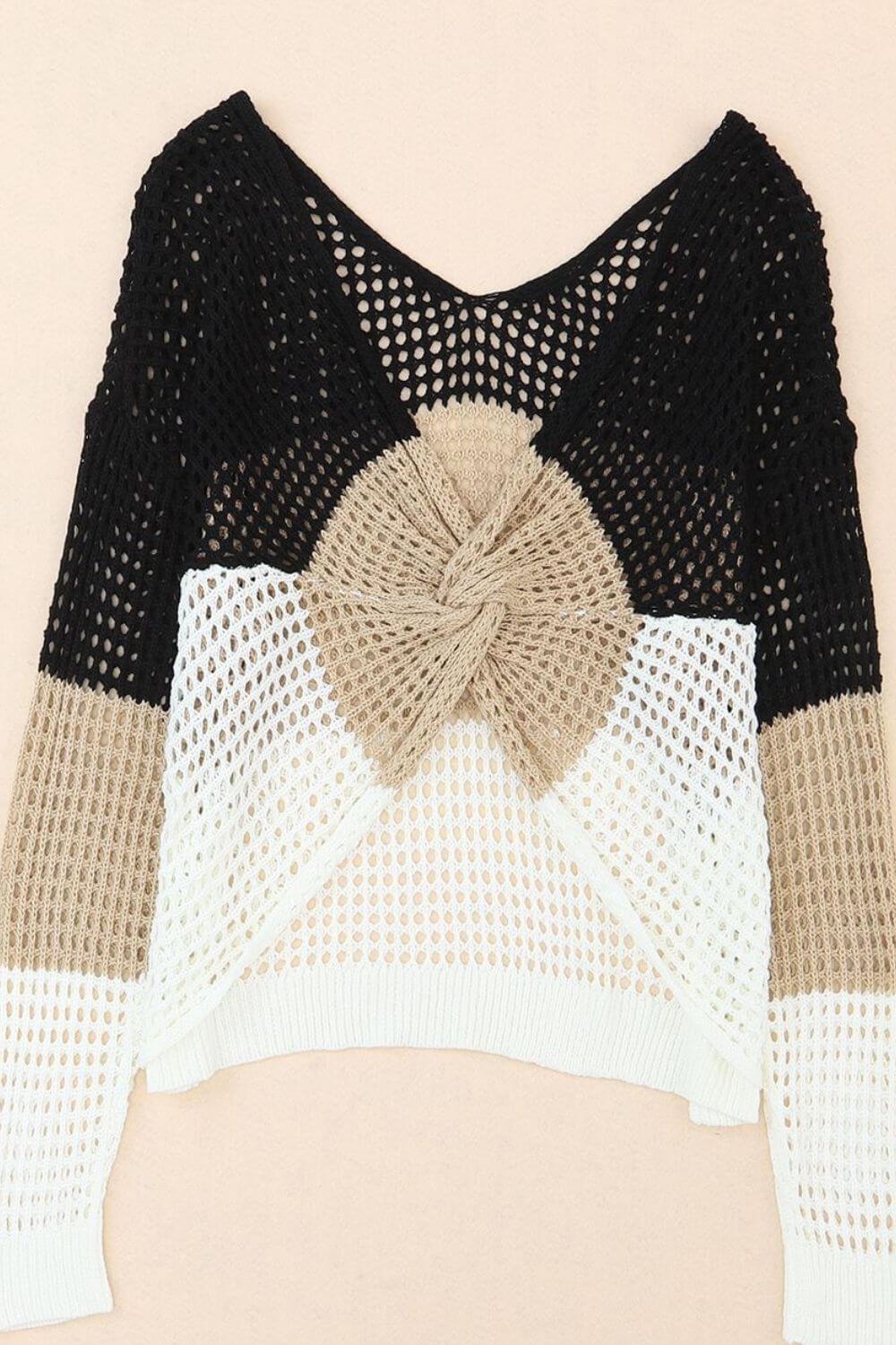 Twisted Back Color Block Long Sleeve Knit Cover Up - Clothes For Her Online Store