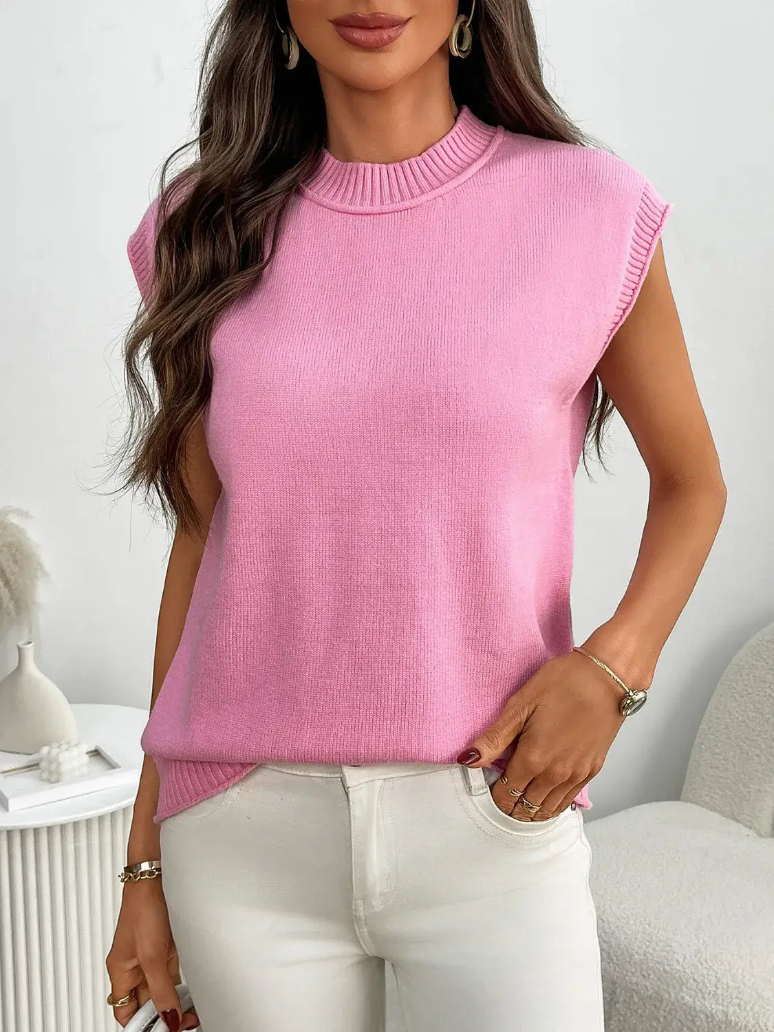 Mock Neck Cap Sleeve Knit Top
