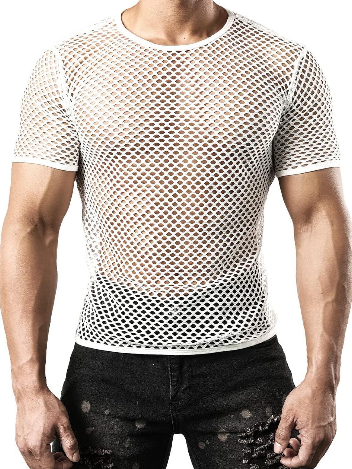 Men's Hollow Out Round Neck Short Sleeve Top - Clothes For Her Online Store