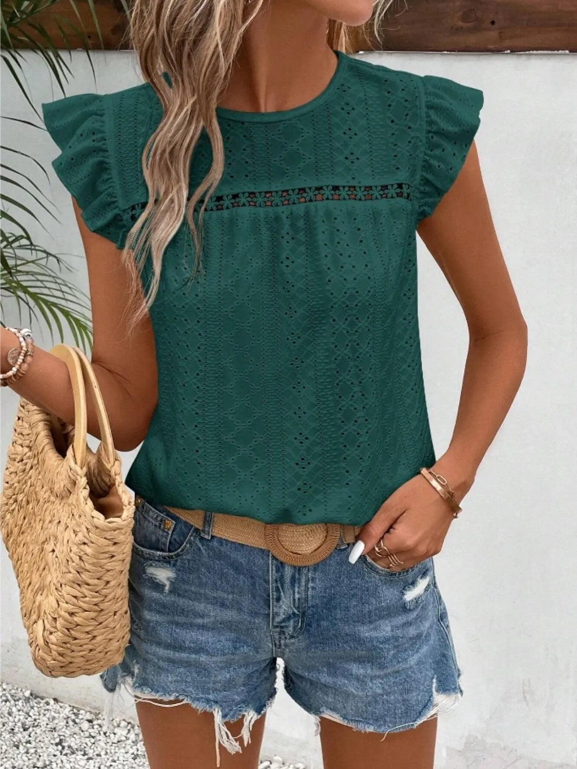 Eyelet Round Neck Cap Sleeve Top