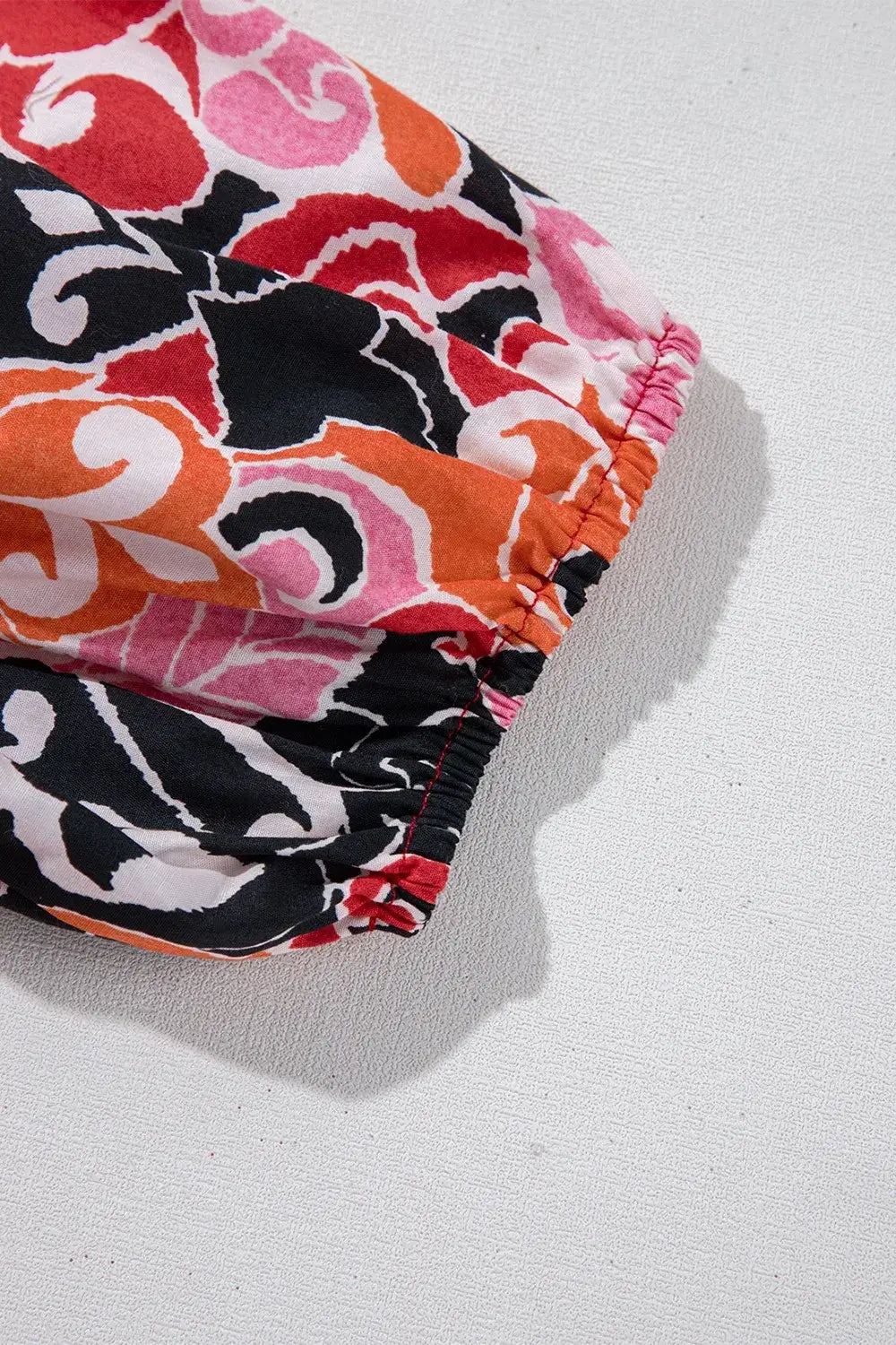 Ethnic Print Split Neck Short Puff Sleeve Blouse