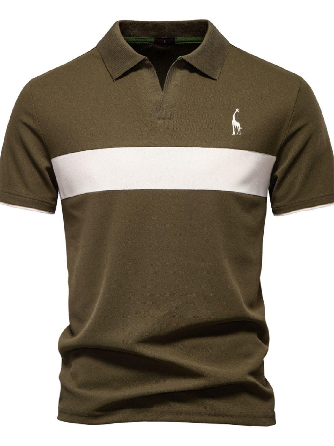 Men's Giraffe Embroidered Collared Neck Contrast Polo - Clothes For Her Online Store