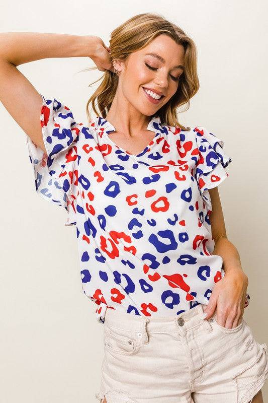 BiBi Leopard Notched Ruffled Cap Sleeve Blouse - Clothes For Her Online Store