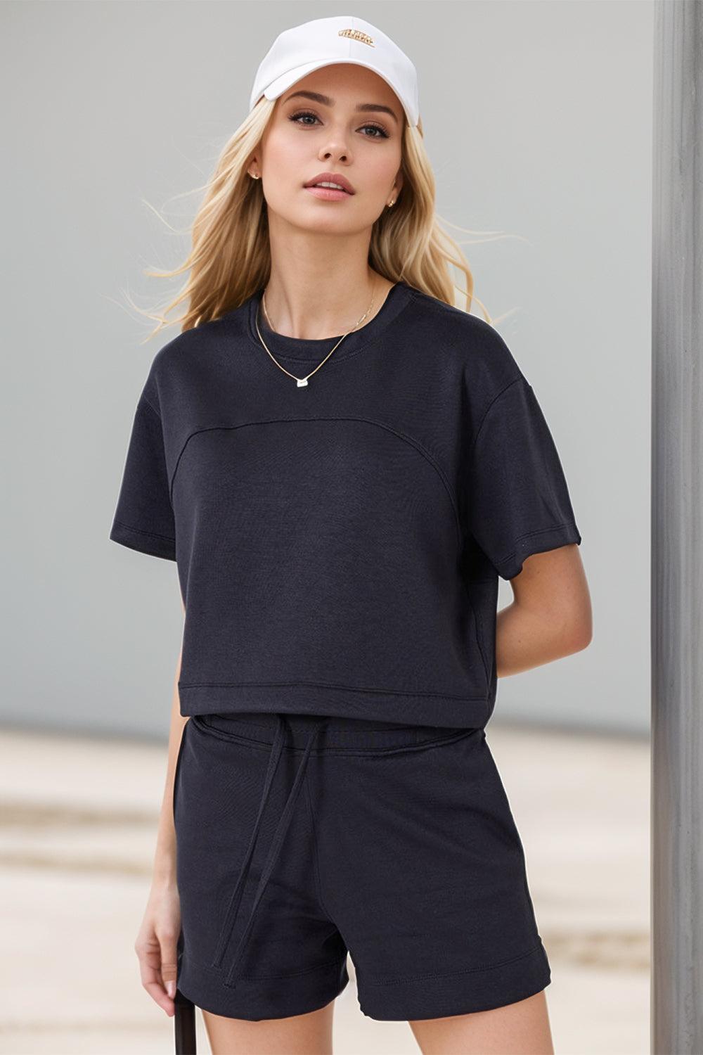 Basic Bae Drawstring Hem Air Scuba Round Neck Short Sleeve T-Shirt - Clothes For Her Online Store