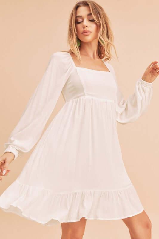 Aemi + Co Ruffled Hem Square Neck Balloon Sleeve Mini Dress - Clothes For Her Online Store