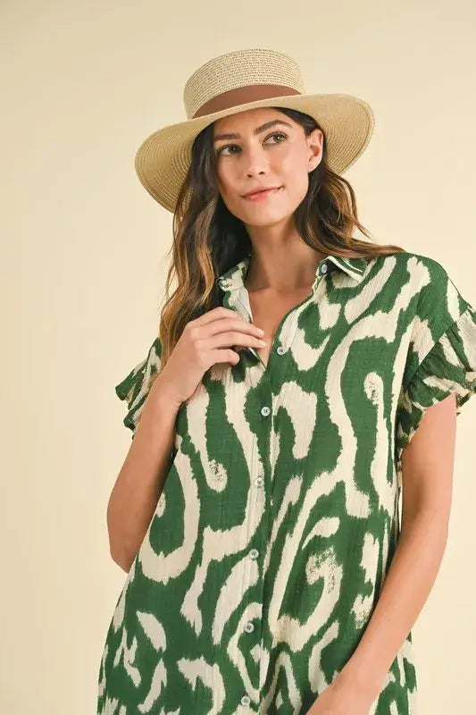 Annie Wear Abstract Printed Frill Sleeve Shirt Mini Dress